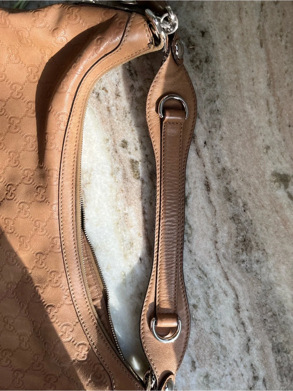 Gucci Guccisima Tan Beige Embossed Leather One Strap Hobo Purse Silver Hardware